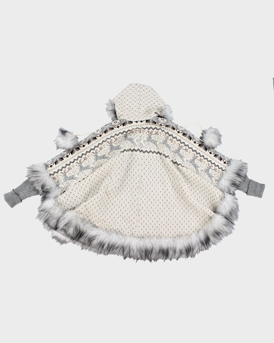 Faux Fur Hemmed Nordic Knit Poncho - L
