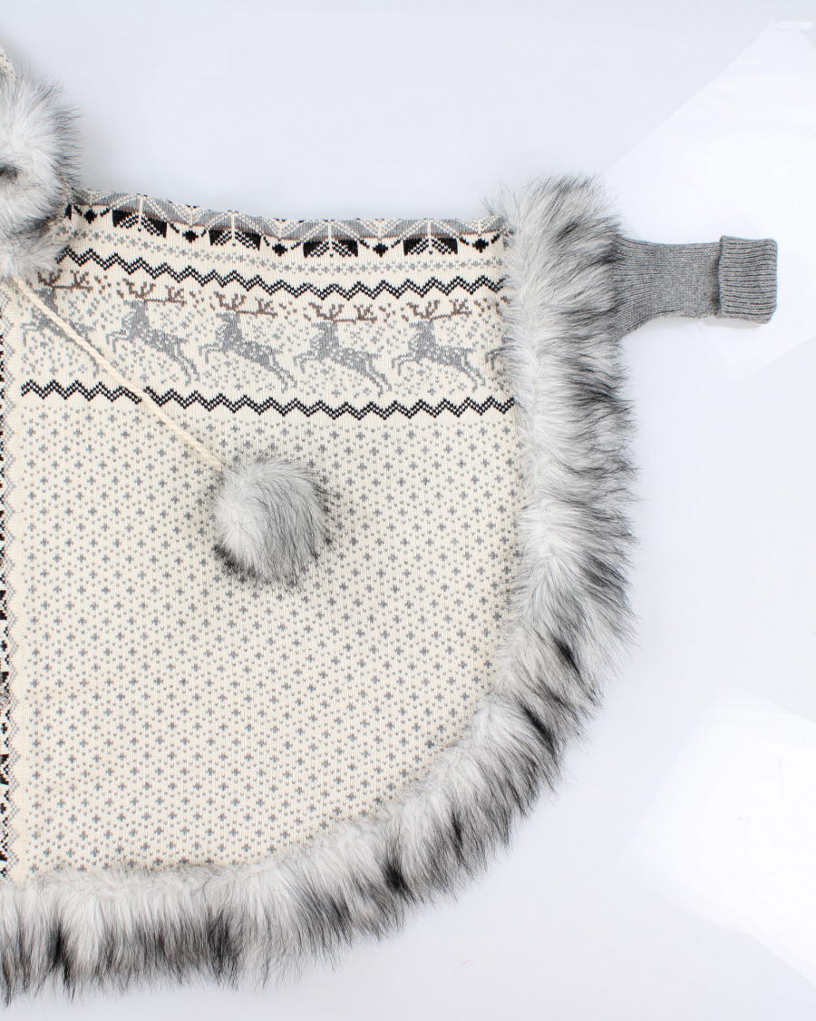 Faux Fur Hemmed Nordic Knit Poncho - L