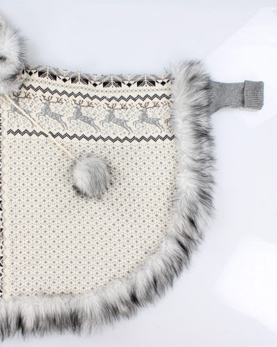 Faux Fur Hemmed Nordic Knit Poncho - L