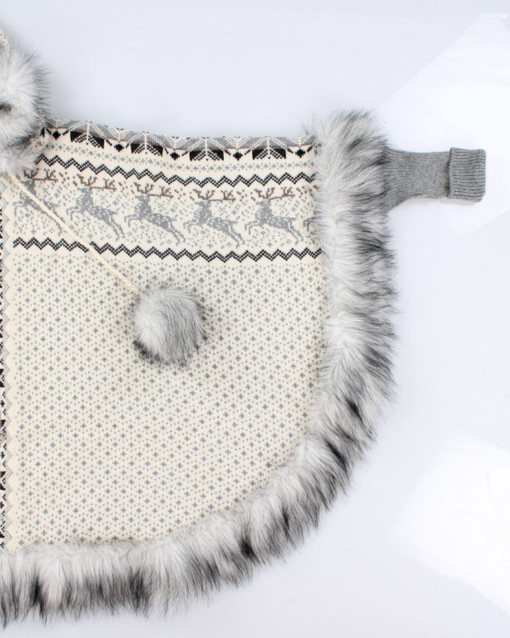 Faux Fur Hemmed Nordic Knit Poncho - L