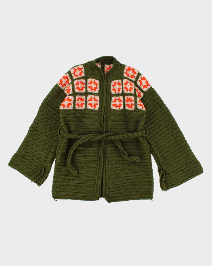 Women's Green Hand Knit Belted Cardigan - M
