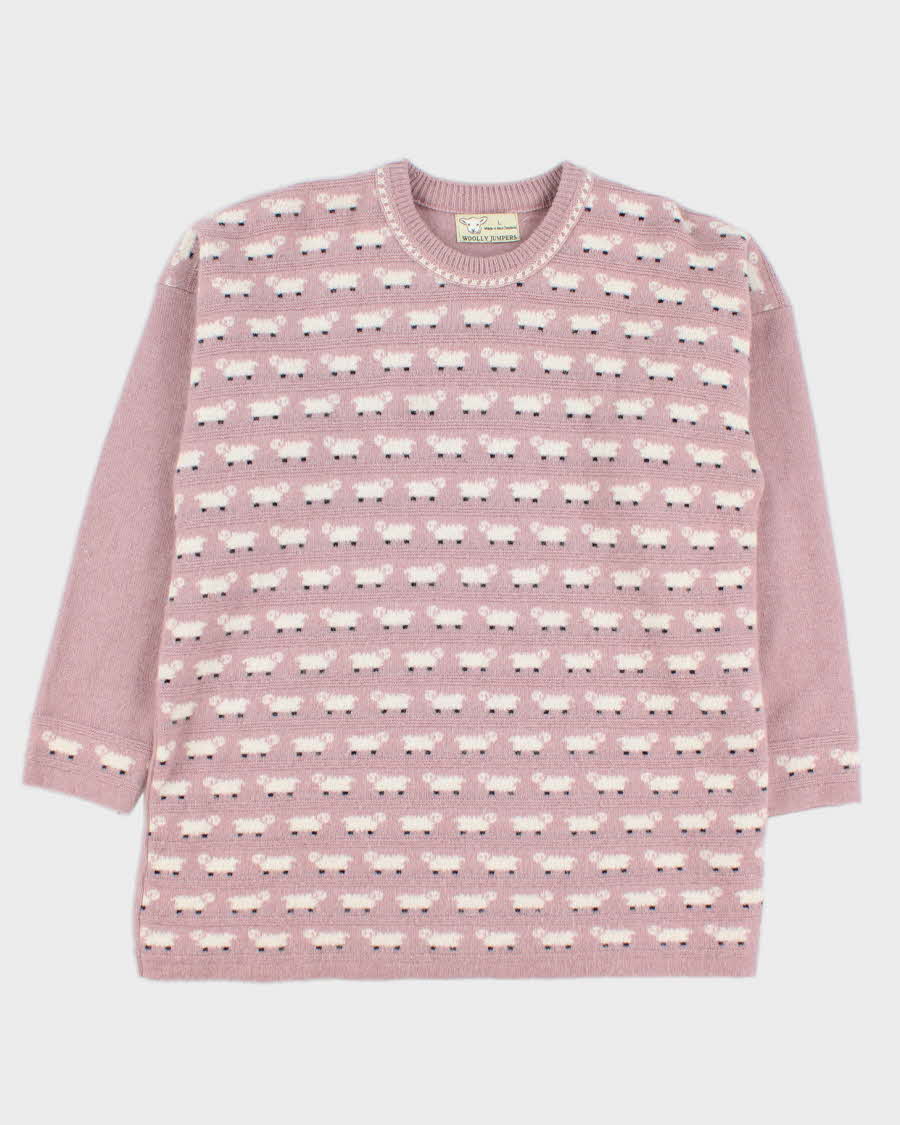 Vintage Women's Pink Sheep Patterned Knit Jumper - L