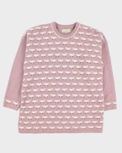 Vintage Women's Pink Sheep Patterned Knit Jumper - L