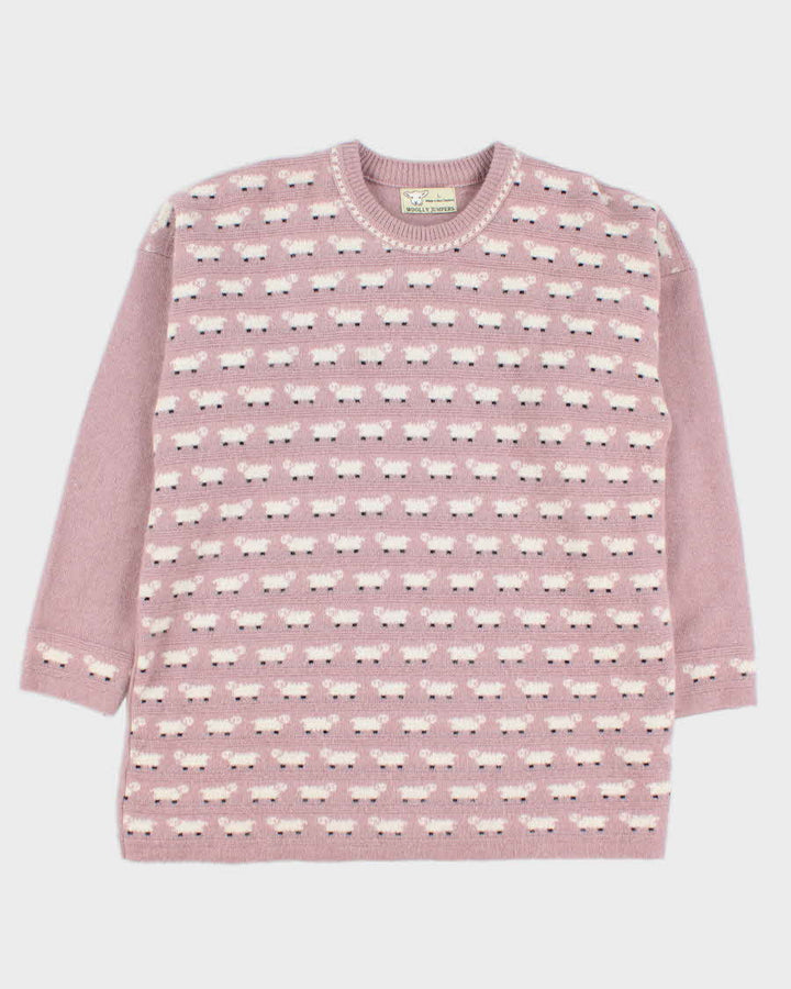 Vintage Women's Pink Sheep Patterned Knit Jumper - L