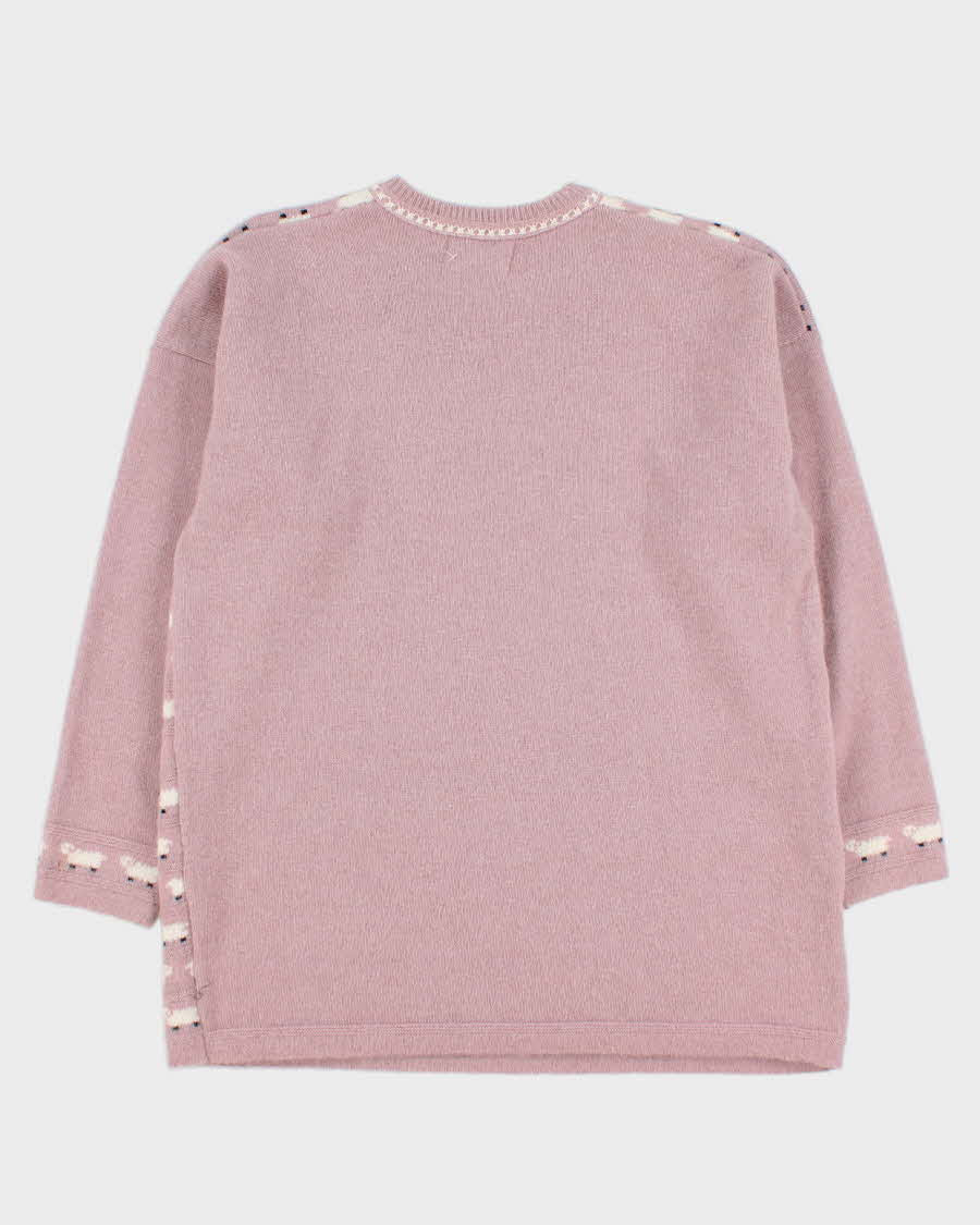 Vintage Women's Pink Sheep Patterned Knit Jumper - L
