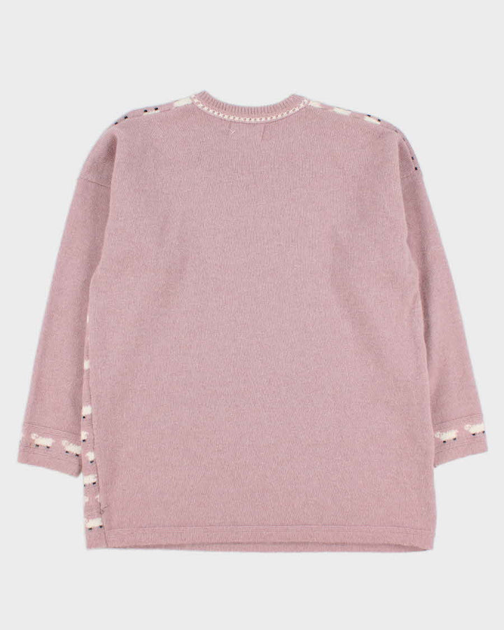 Vintage Women's Pink Sheep Patterned Knit Jumper - L