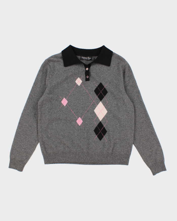 Womens Grey Cashmere Argyll  Knit Sweater - S