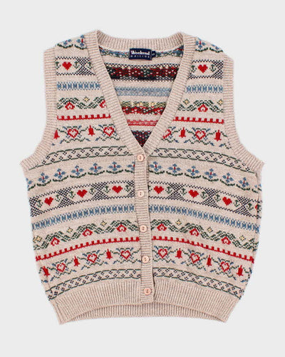 Women's Cream Patterned Knit Button Up Vest - M