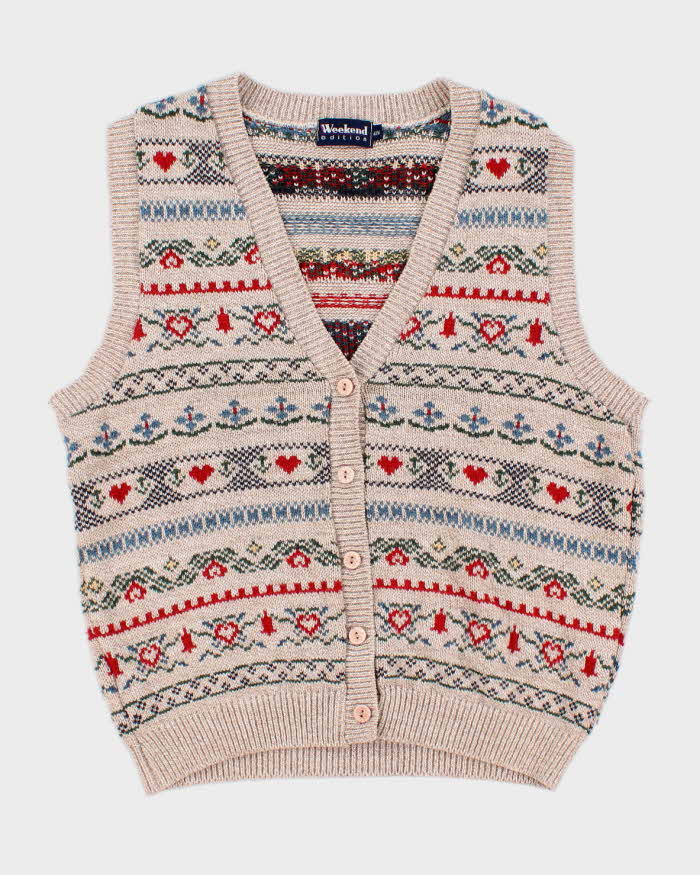 Women's Cream Patterned Knit Button Up Vest - M