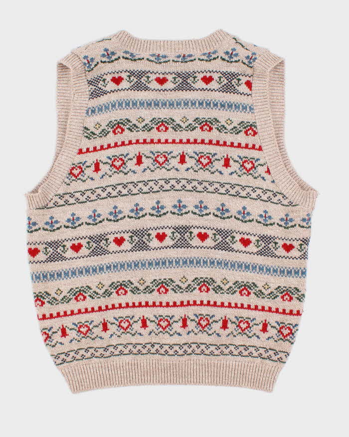 Women's Cream Patterned Knit Button Up Vest - M