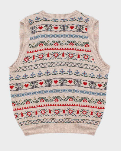 Women's Cream Patterned Knit Button Up Vest - M