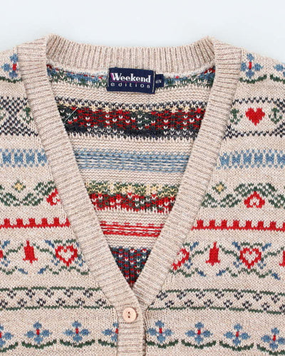 Women's Cream Patterned Knit Button Up Vest - M