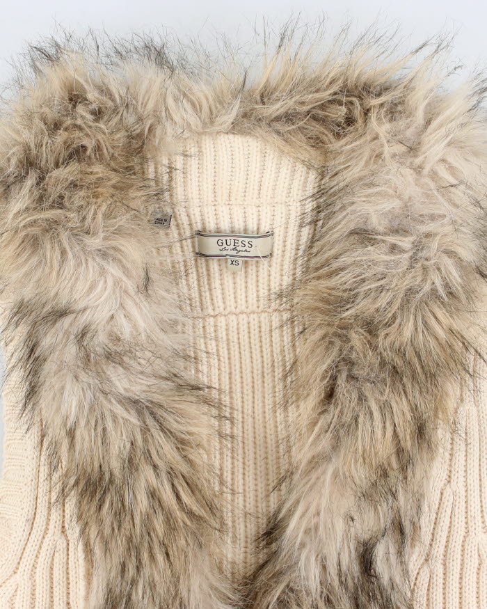 Y2K 00s Guess Faux Fur Collared Sleeveless Cardigan - XS