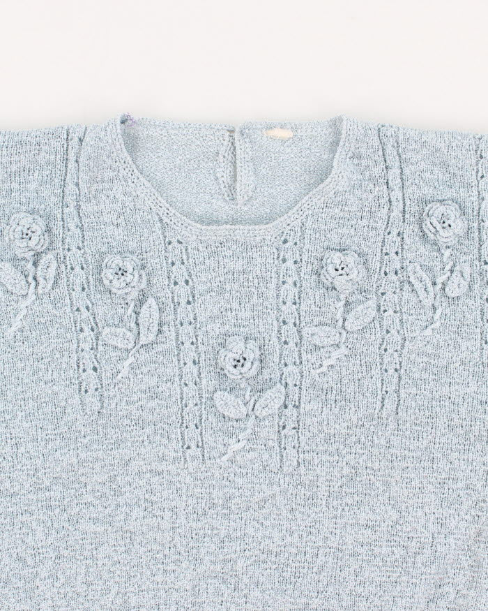 Vintage Woman's Baby Blue Rose embellished Knit Jumper - XS