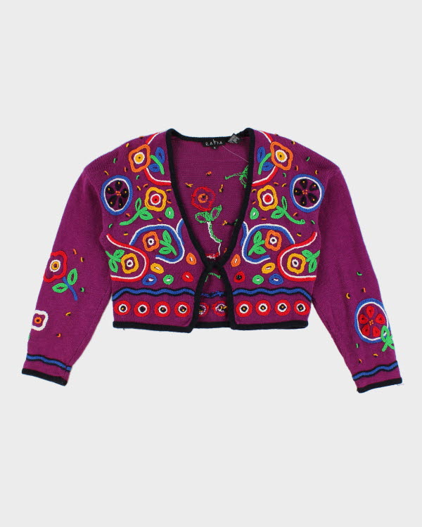 Vintage 90s Rafia Cropped Textured Embroidered Patterned Floral Cardigan - M