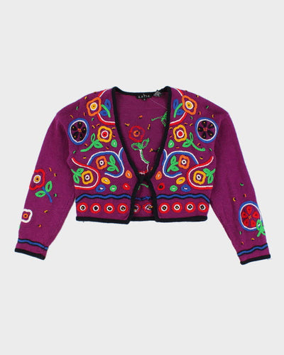 Vintage 90s Rafia Cropped Textured Embroidered Patterned Floral Cardigan - M