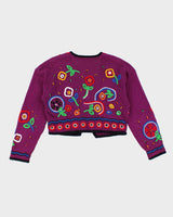 Vintage 90s Rafia Cropped Textured Embroidered Patterned Floral Cardigan - M