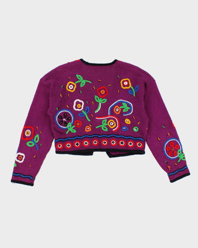 Vintage 90s Rafia Cropped Textured Embroidered Patterned Floral Cardigan - M