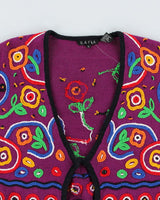 Vintage 90s Rafia Cropped Textured Embroidered Patterned Floral Cardigan - M