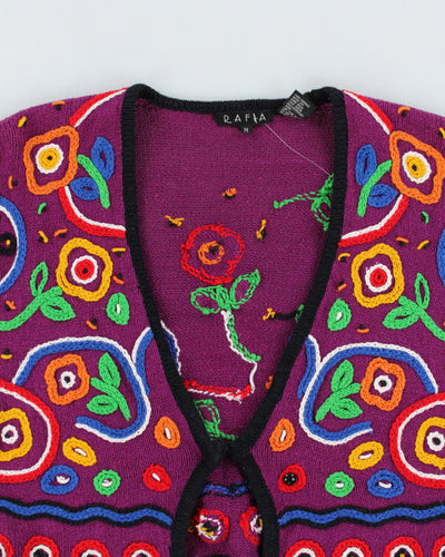 Vintage 90s Rafia Cropped Textured Embroidered Patterned Floral Cardigan - M