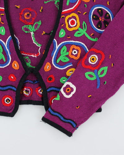 Vintage 90s Rafia Cropped Textured Embroidered Patterned Floral Cardigan - M