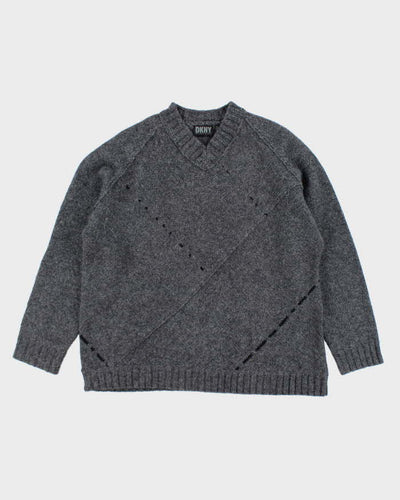 DKNY Grey Wool V-Neck Jumper - XL