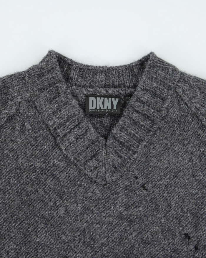 DKNY Grey Wool V-Neck Jumper - XL