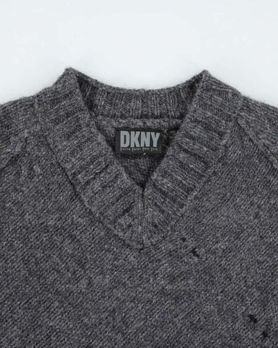 DKNY Grey Wool V-Neck Jumper - XL