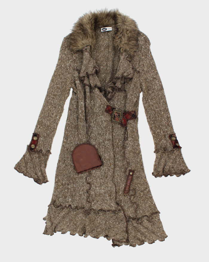 Vintage Y2k 00s Oze Buckle Faux Fur Collar Cardigan - M