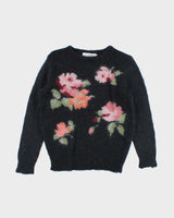 Vintage Women's Flower Printed Mohair Blend Knit Jumper - M