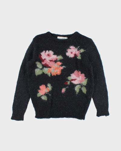 Vintage Women's Flower Printed Mohair Blend Knit Jumper - M