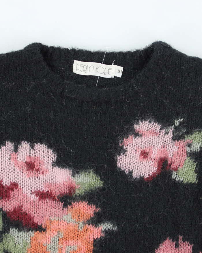 Vintage Women's Flower Printed Mohair Blend Knit Jumper - M