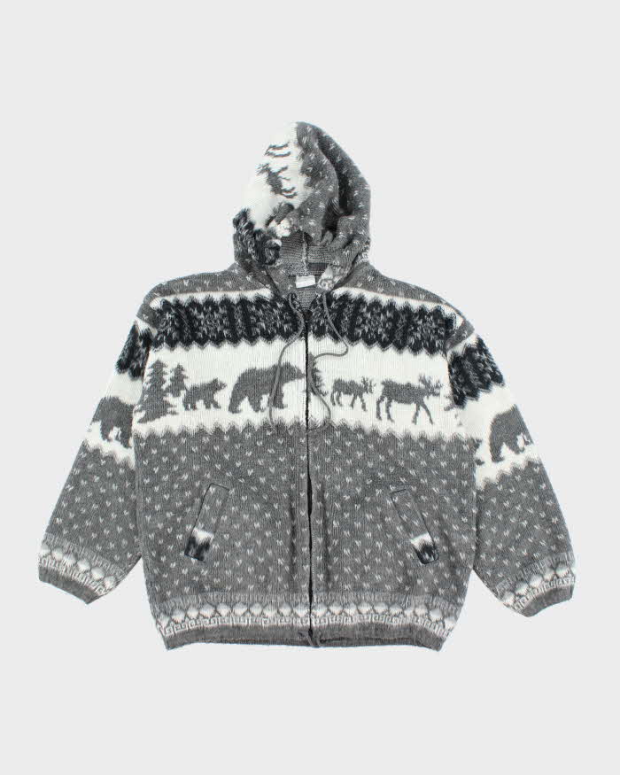 Vintage Women's Animal Printed Zip Up Wool Knit Hoodie - L