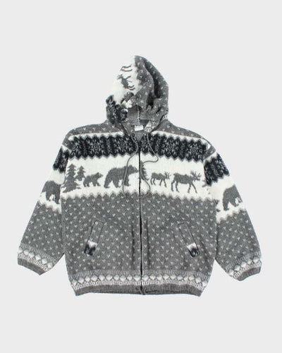 Vintage Women's Animal Printed Zip Up Wool Knit Hoodie - L