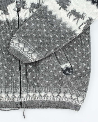 Vintage Women's Animal Printed Zip Up Wool Knit Hoodie - L