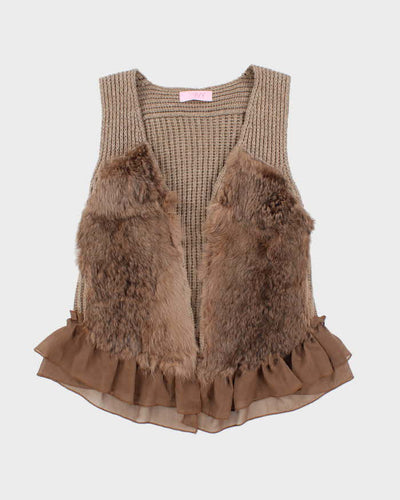 Vintage Y2k 00s Ivy Brown Knit Faux Fur Sleeveless Cardigan - M
