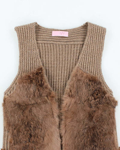 Vintage Y2k 00s Ivy Brown Knit Faux Fur Sleeveless Cardigan - M