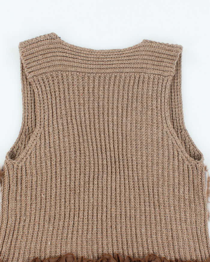 Vintage Y2k 00s Ivy Brown Knit Faux Fur Sleeveless Cardigan - M