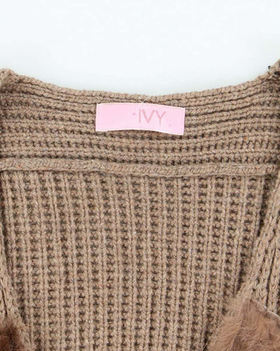 Vintage Y2k 00s Ivy Brown Knit Faux Fur Sleeveless Cardigan - M
