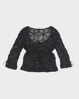 Vintage Y2k 00s Black Crochet Long Sleeve Knit Top - M