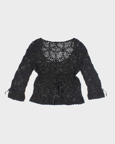 Vintage Y2k 00s Black Crochet Long Sleeve Knit Top - M