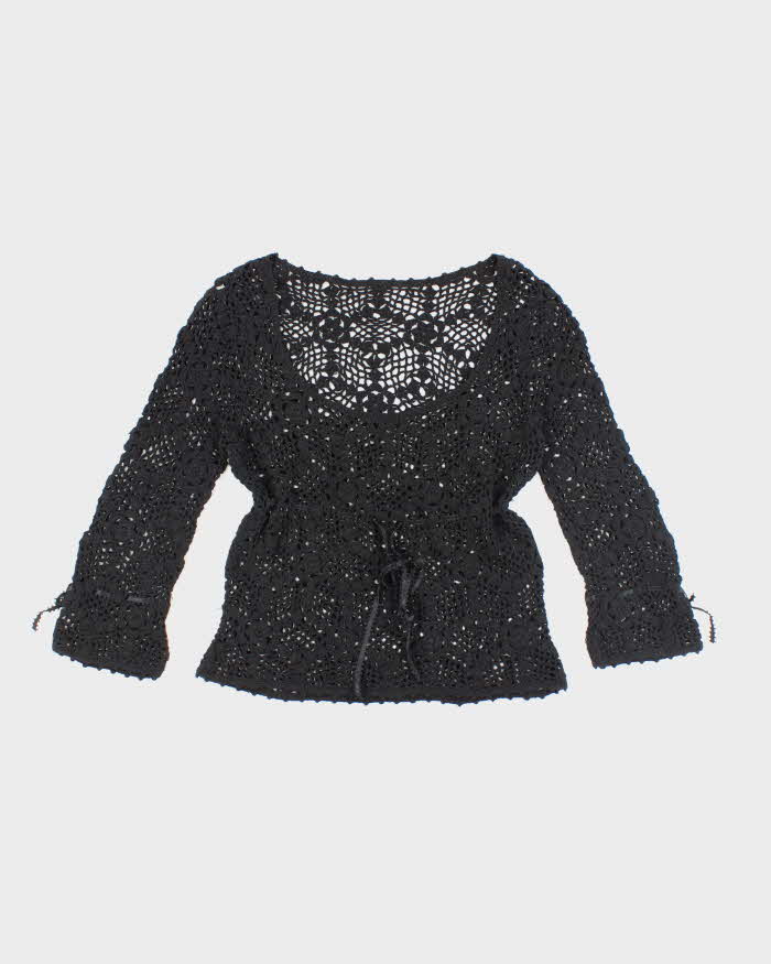 Vintage Y2k 00s Black Crochet Long Sleeve Knit Top - M