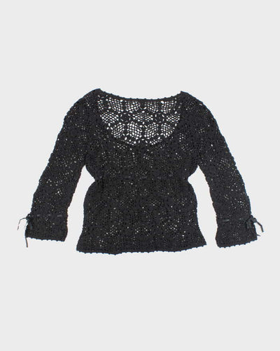 Vintage Y2k 00s Black Crochet Long Sleeve Knit Top - M