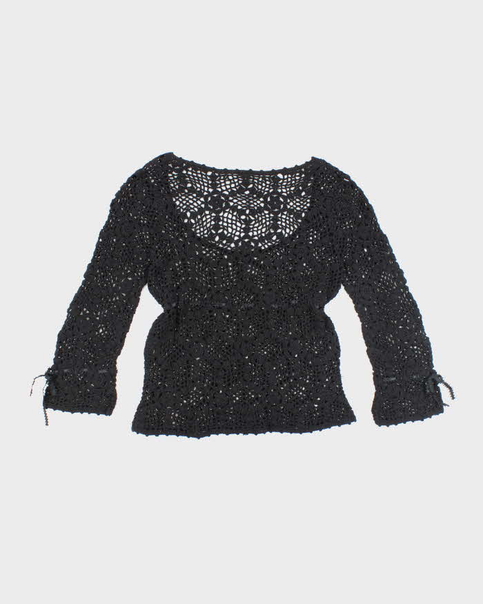 Vintage Y2k 00s Black Crochet Long Sleeve Knit Top - M