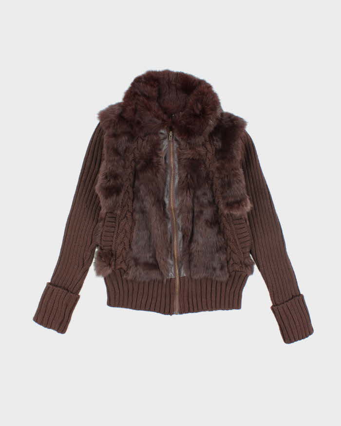Vintage Y2k 00s Brown Knit Faux Fur Zip-Up Jumper - S