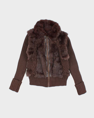 Vintage Y2k 00s Brown Knit Faux Fur Zip-Up Jumper - S