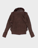 Vintage Y2k 00s Brown Knit Faux Fur Zip-Up Jumper - S