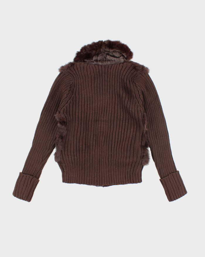 Vintage Y2k 00s Brown Knit Faux Fur Zip-Up Jumper - S