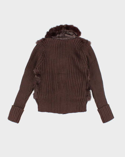 Vintage Y2k 00s Brown Knit Faux Fur Zip-Up Jumper - S