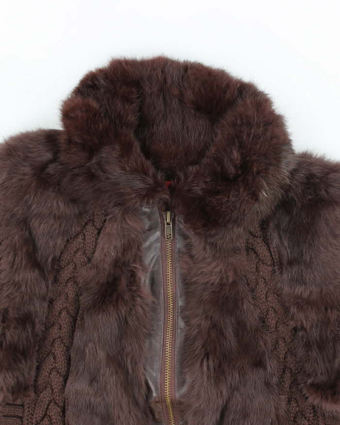 Vintage Y2k 00s Brown Knit Faux Fur Zip-Up Jumper - S